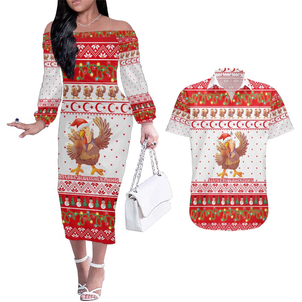 Turkey Christmas Couples Matching Off The Shoulder Long Sleeve Dress and Hawaiian Shirt with Santa Turkey Red Crescent Pattern Snowmen and Festive Lights - Wonder Print Shop