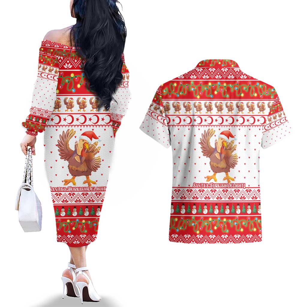 Turkey Christmas Couples Matching Off The Shoulder Long Sleeve Dress and Hawaiian Shirt with Santa Turkey Red Crescent Pattern Snowmen and Festive Lights - Wonder Print Shop