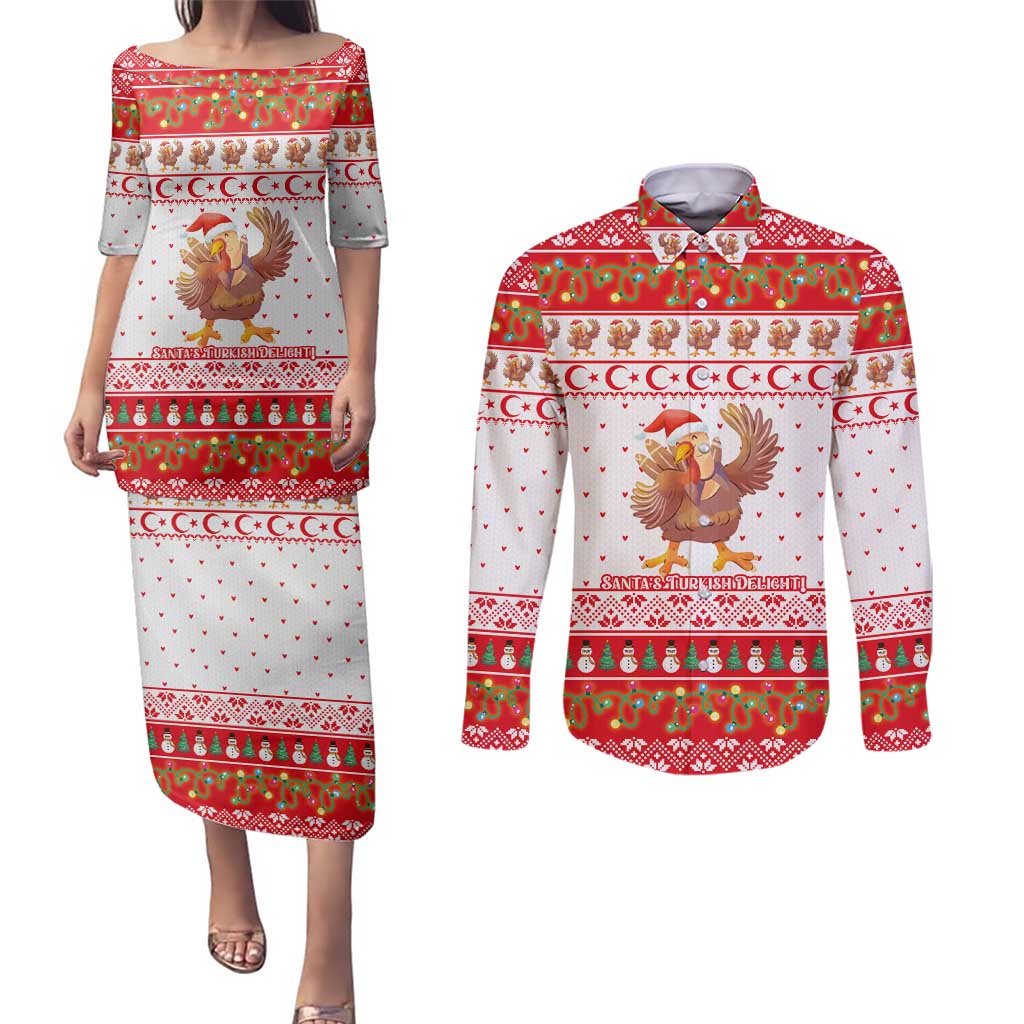 Turkey Christmas Couples Matching Puletasi and Long Sleeve Button Shirt with Santa Turkey Red Crescent Pattern Snowmen and Festive Lights - Wonder Print Shop