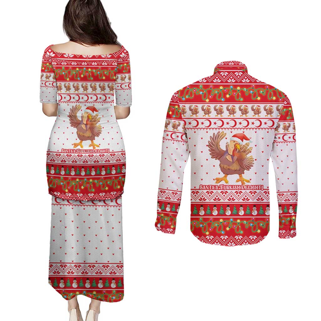 Turkey Christmas Couples Matching Puletasi and Long Sleeve Button Shirt with Santa Turkey Red Crescent Pattern Snowmen and Festive Lights - Wonder Print Shop