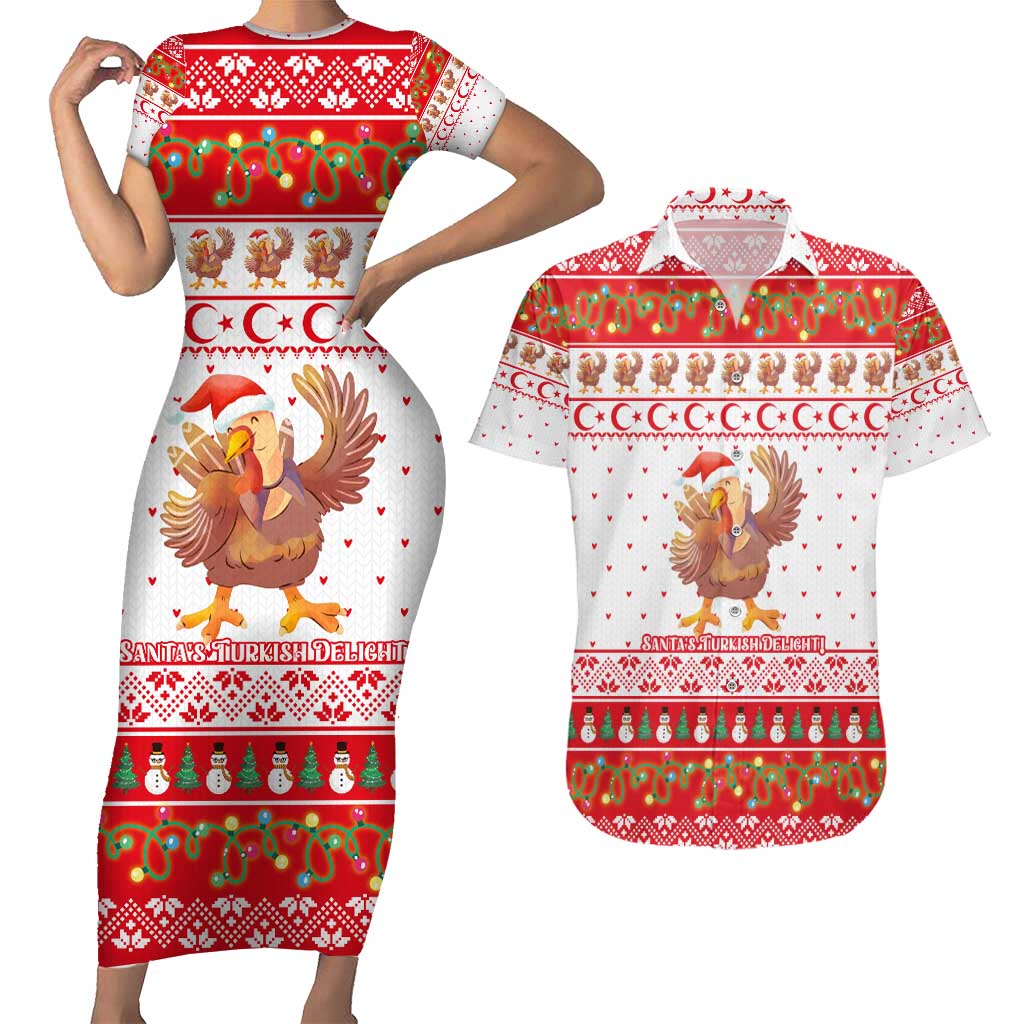 Turkey Christmas Couples Matching Short Sleeve Bodycon Dress and Hawaiian Shirt with Santa Turkey Red Crescent Pattern Snowmen and Festive Lights - Wonder Print Shop