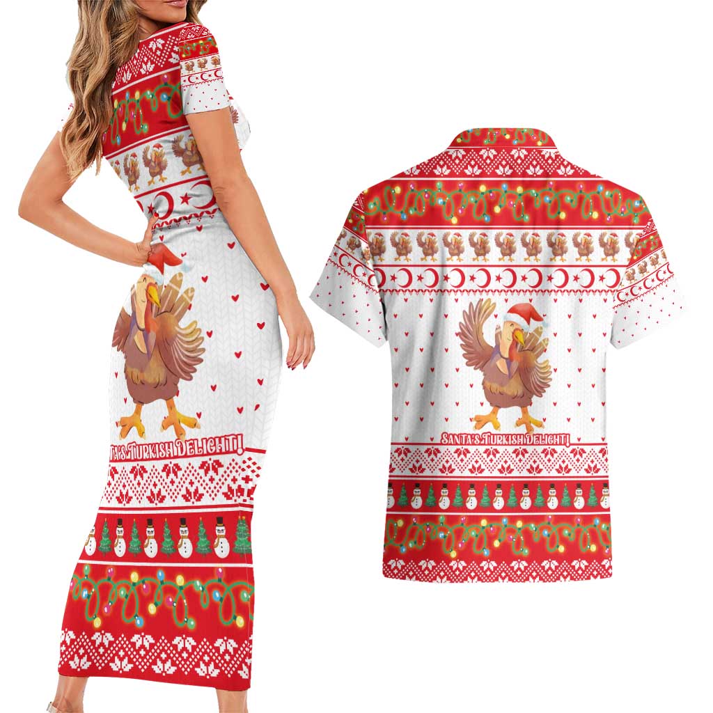 Turkey Christmas Couples Matching Short Sleeve Bodycon Dress and Hawaiian Shirt with Santa Turkey Red Crescent Pattern Snowmen and Festive Lights - Wonder Print Shop