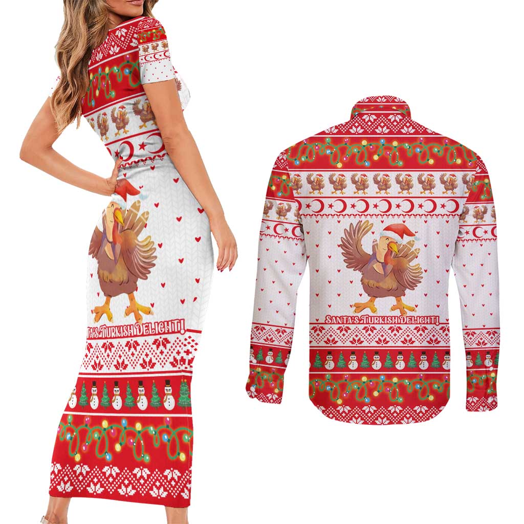 Turkey Christmas Couples Matching Short Sleeve Bodycon Dress and Long Sleeve Button Shirt with Santa Turkey Red Crescent Pattern Snowmen and Festive Lights - Wonder Print Shop