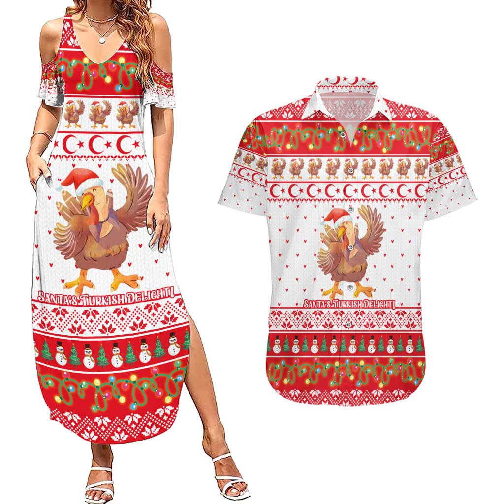 Turkey Christmas Couples Matching Summer Maxi Dress and Hawaiian Shirt with Santa Turkey Red Crescent Pattern Snowmen and Festive Lights - Wonder Print Shop
