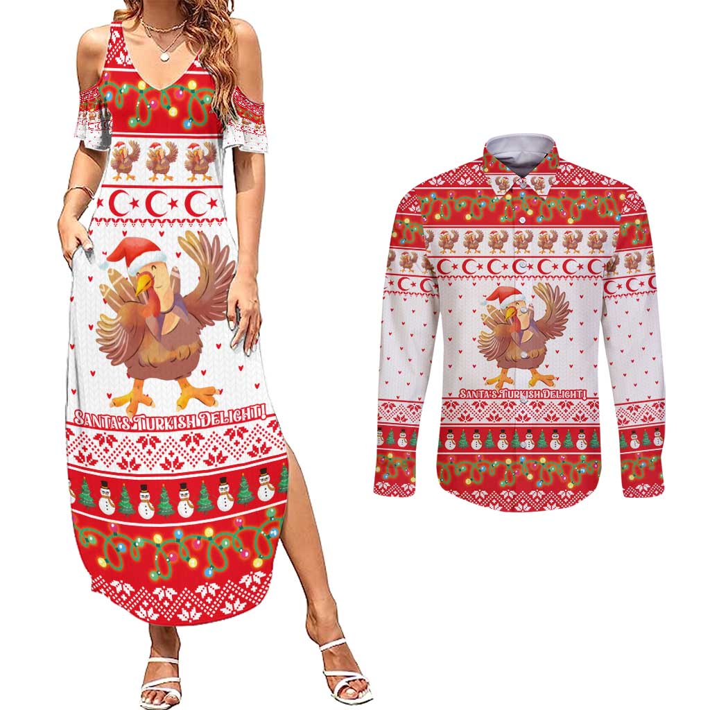 Turkey Christmas Couples Matching Summer Maxi Dress and Long Sleeve Button Shirt with Santa Turkey Red Crescent Pattern Snowmen and Festive Lights - Wonder Print Shop