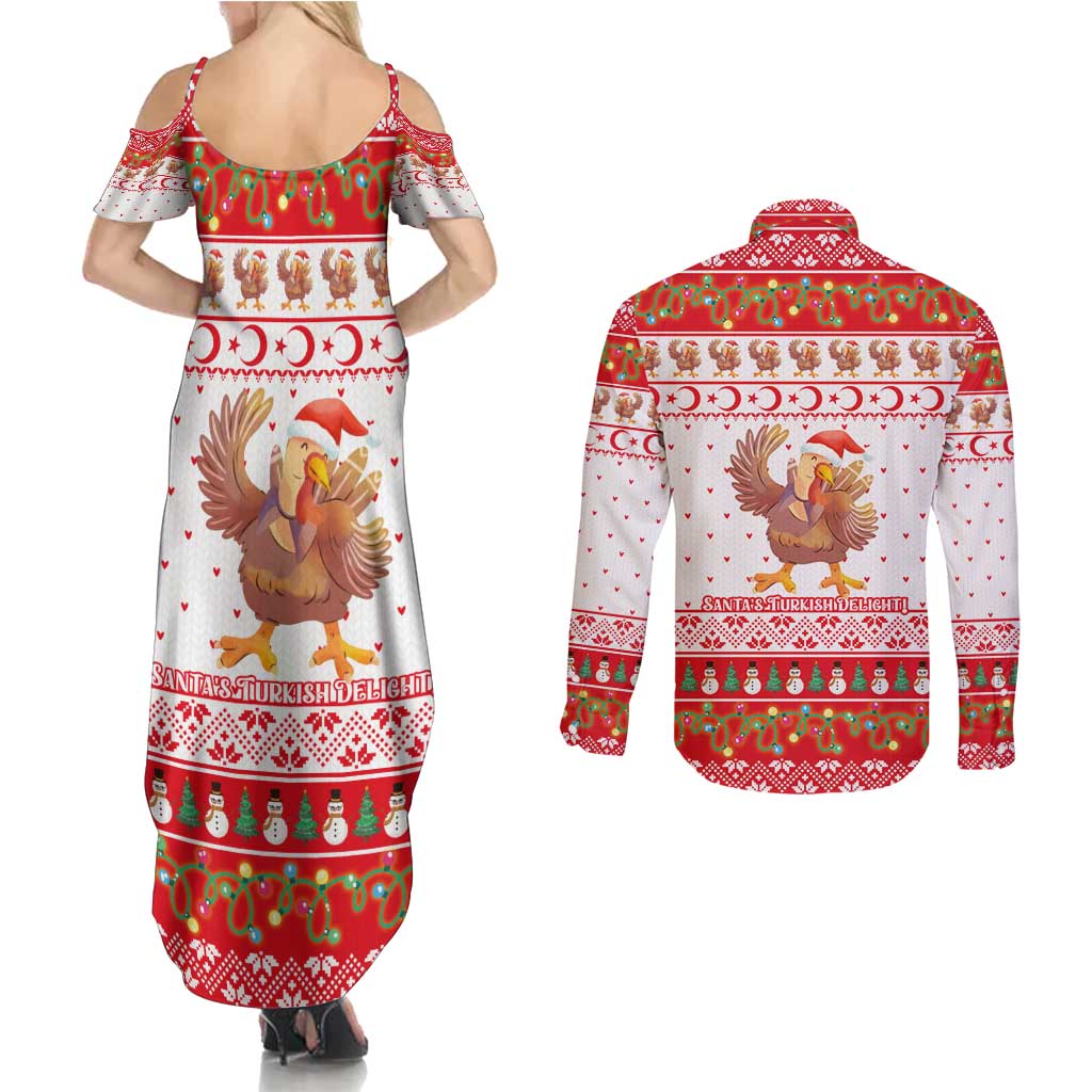 Turkey Christmas Couples Matching Summer Maxi Dress and Long Sleeve Button Shirt with Santa Turkey Red Crescent Pattern Snowmen and Festive Lights - Wonder Print Shop