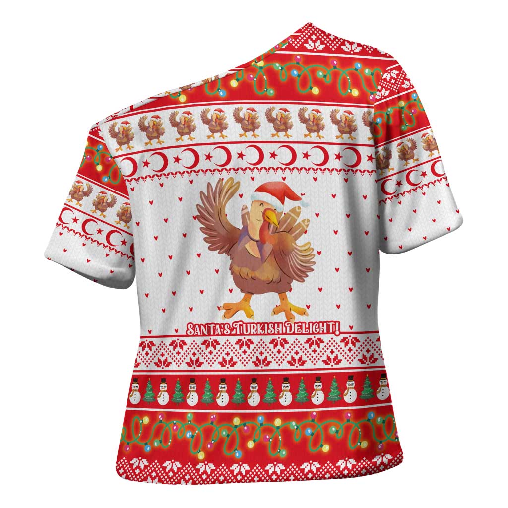 Turkey Christmas Cross Shoulder Shirt with Santa Turkey Red Crescent Pattern Snowmen and Festive Lights - Wonder Print Shop
