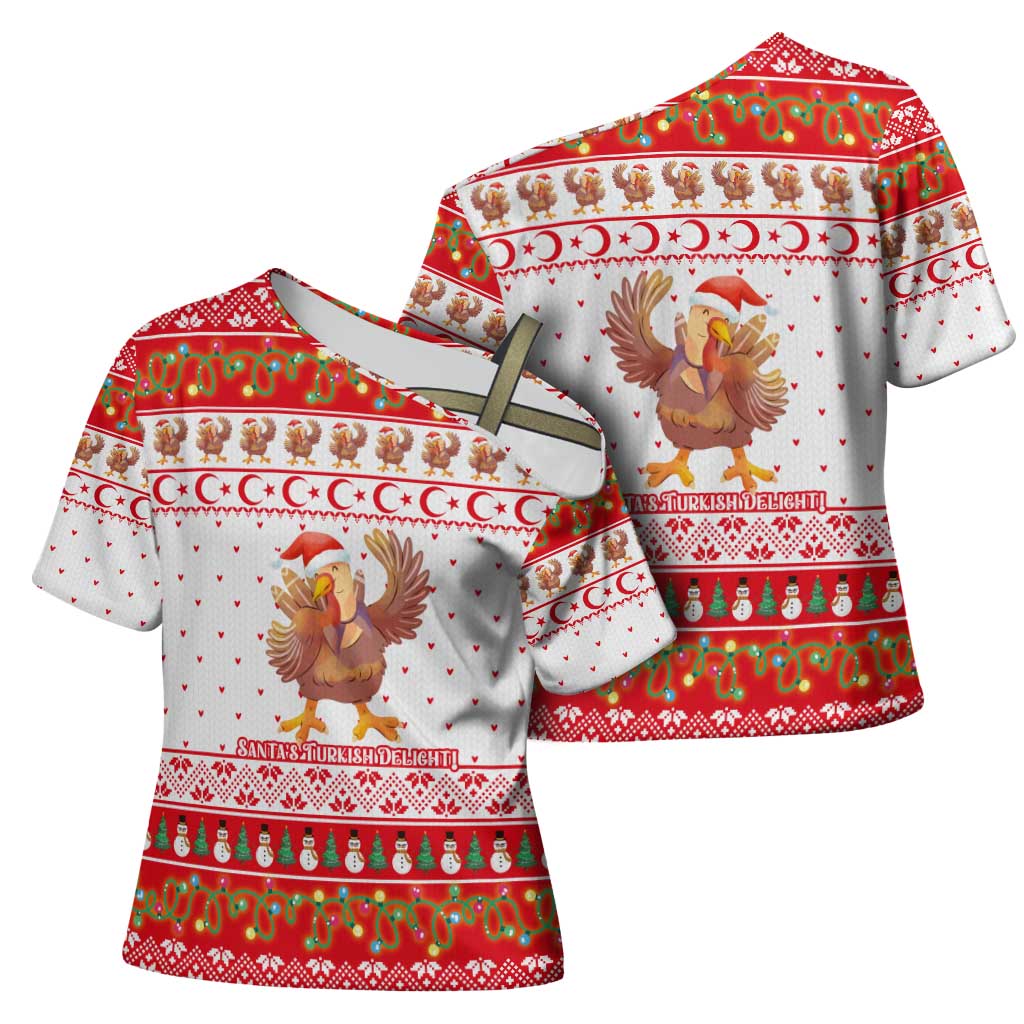 Turkey Christmas Cross Shoulder Shirt with Santa Turkey Red Crescent Pattern Snowmen and Festive Lights - Wonder Print Shop