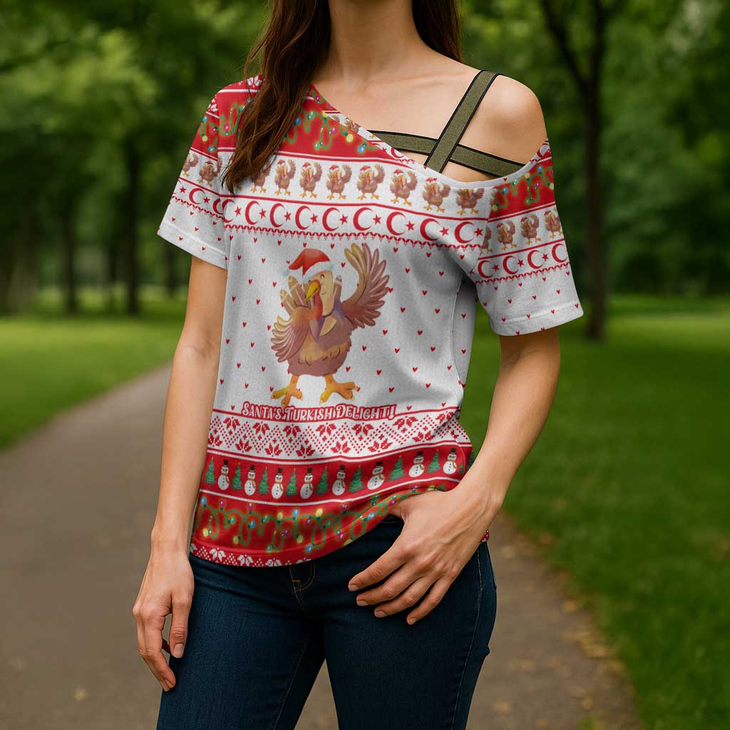 Turkey Christmas Cross Shoulder Shirt with Santa Turkey Red Crescent Pattern Snowmen and Festive Lights - Wonder Print Shop