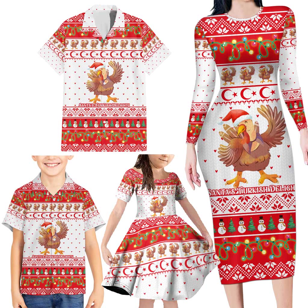 Turkey Christmas Family Matching Long Sleeve Bodycon Dress and Hawaiian Shirt with Santa Turkey Red Crescent Pattern Snowmen and Festive Lights - Wonder Print Shop