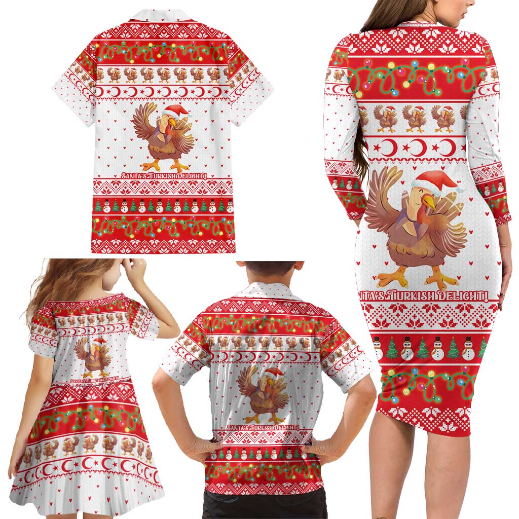 Turkey Christmas Family Matching Long Sleeve Bodycon Dress and Hawaiian Shirt with Santa Turkey Red Crescent Pattern Snowmen and Festive Lights - Wonder Print Shop