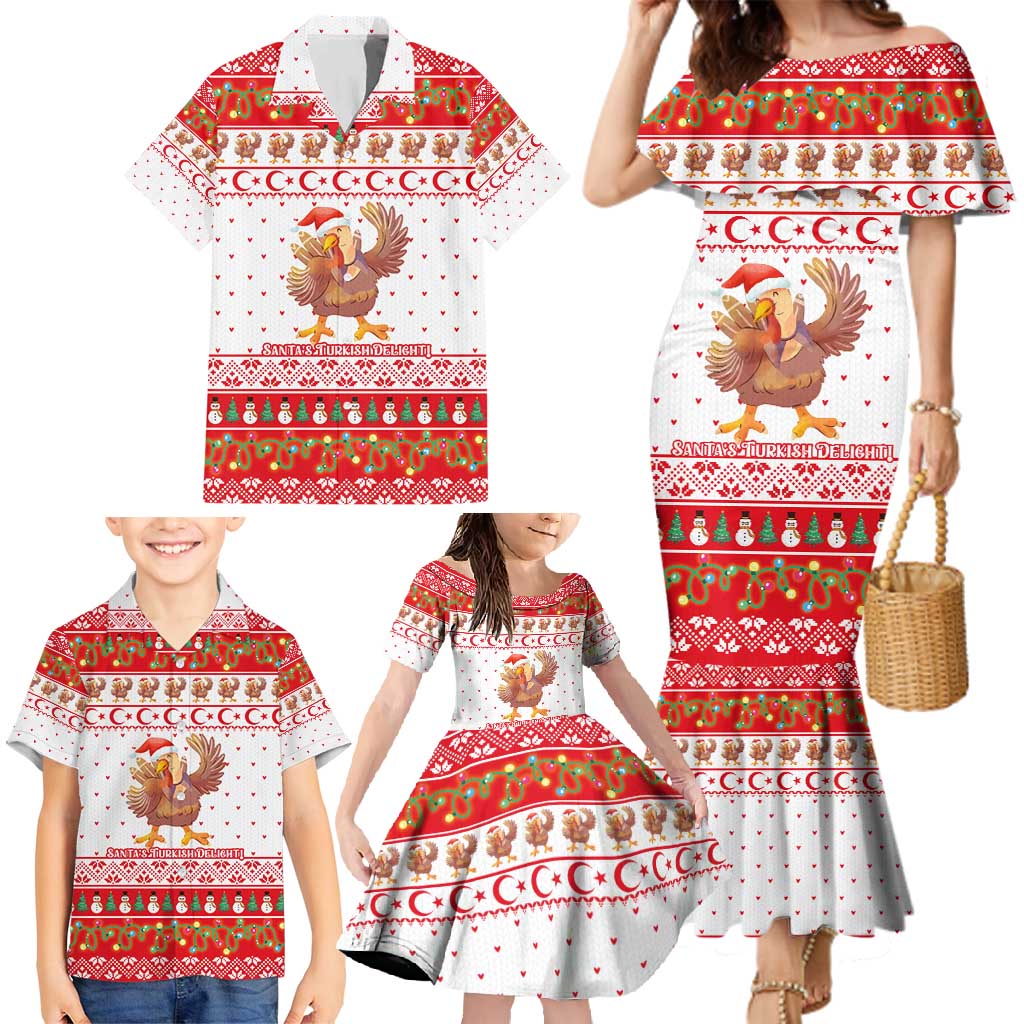 Turkey Christmas Family Matching Mermaid Dress and Hawaiian Shirt with Santa Turkey Red Crescent Pattern Snowmen and Festive Lights - Wonder Print Shop