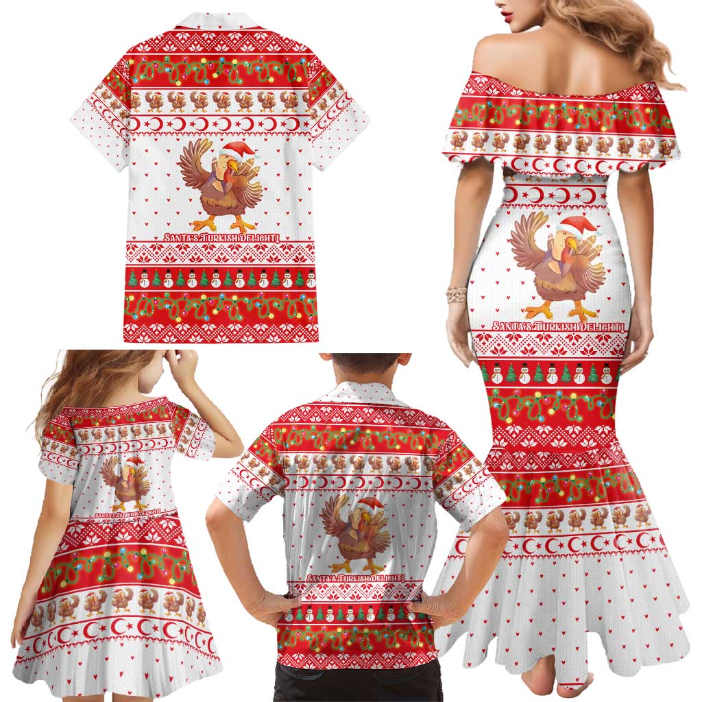 Turkey Christmas Family Matching Mermaid Dress and Hawaiian Shirt with Santa Turkey Red Crescent Pattern Snowmen and Festive Lights - Wonder Print Shop