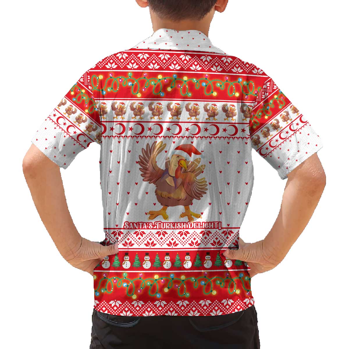 Turkey Christmas Family Matching Off The Shoulder Long Sleeve Dress and Hawaiian Shirt with Santa Turkey Red Crescent Pattern Snowmen and Festive Lights - Wonder Print Shop