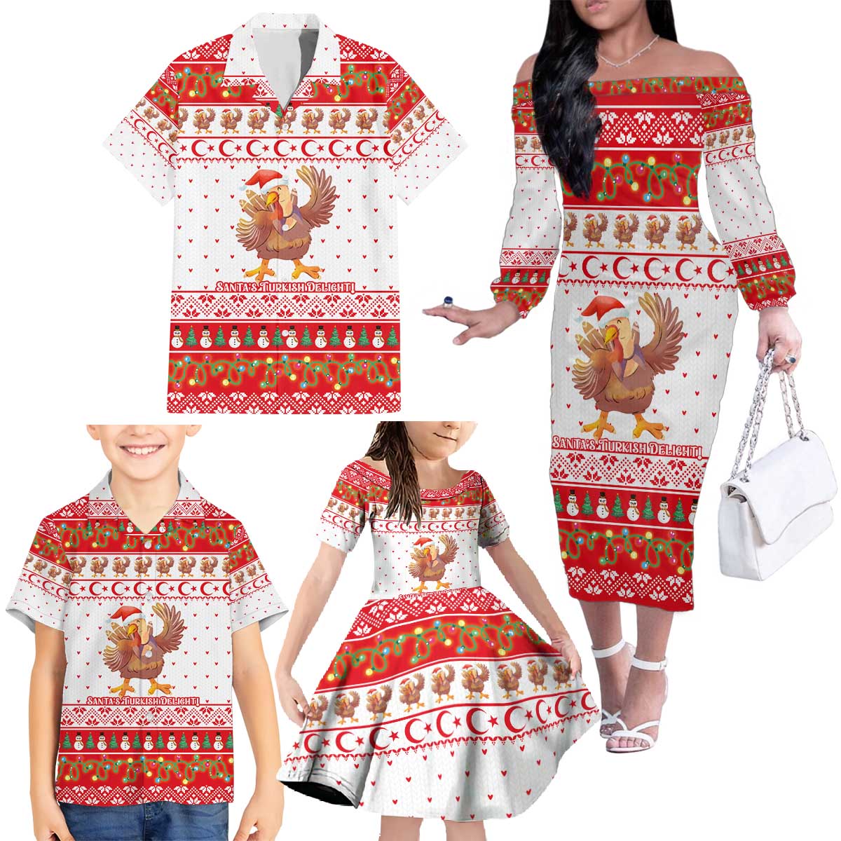Turkey Christmas Family Matching Off The Shoulder Long Sleeve Dress and Hawaiian Shirt with Santa Turkey Red Crescent Pattern Snowmen and Festive Lights - Wonder Print Shop