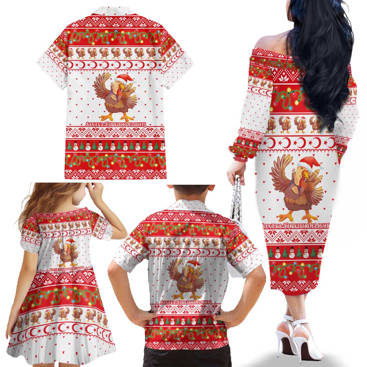 Turkey Christmas Family Matching Off The Shoulder Long Sleeve Dress and Hawaiian Shirt with Santa Turkey Red Crescent Pattern Snowmen and Festive Lights - Wonder Print Shop