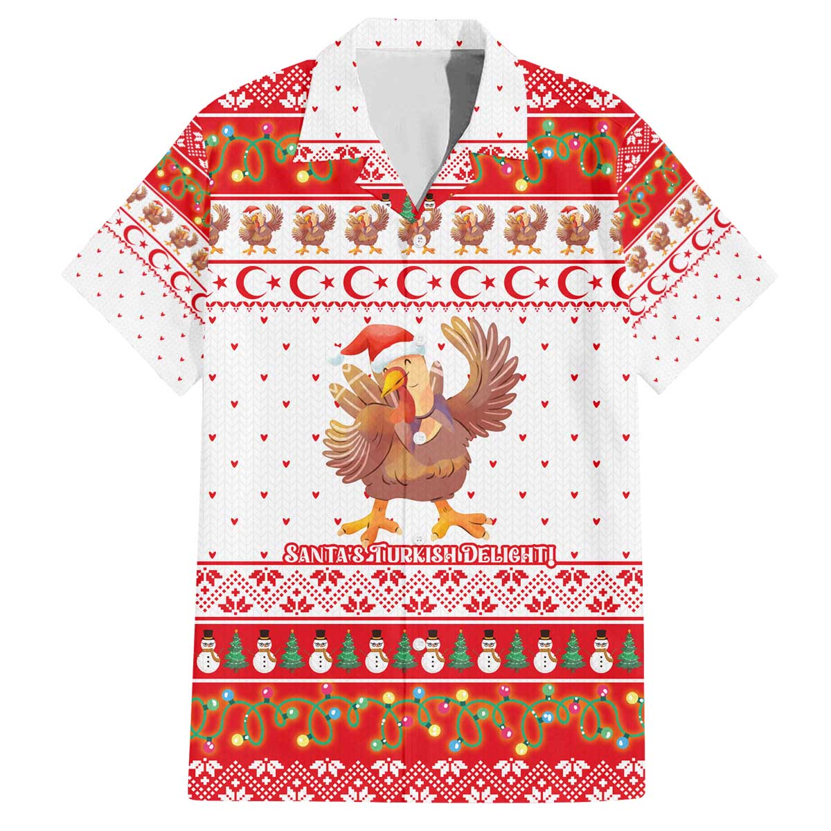 Turkey Christmas Family Matching Off The Shoulder Long Sleeve Dress and Hawaiian Shirt with Santa Turkey Red Crescent Pattern Snowmen and Festive Lights - Wonder Print Shop