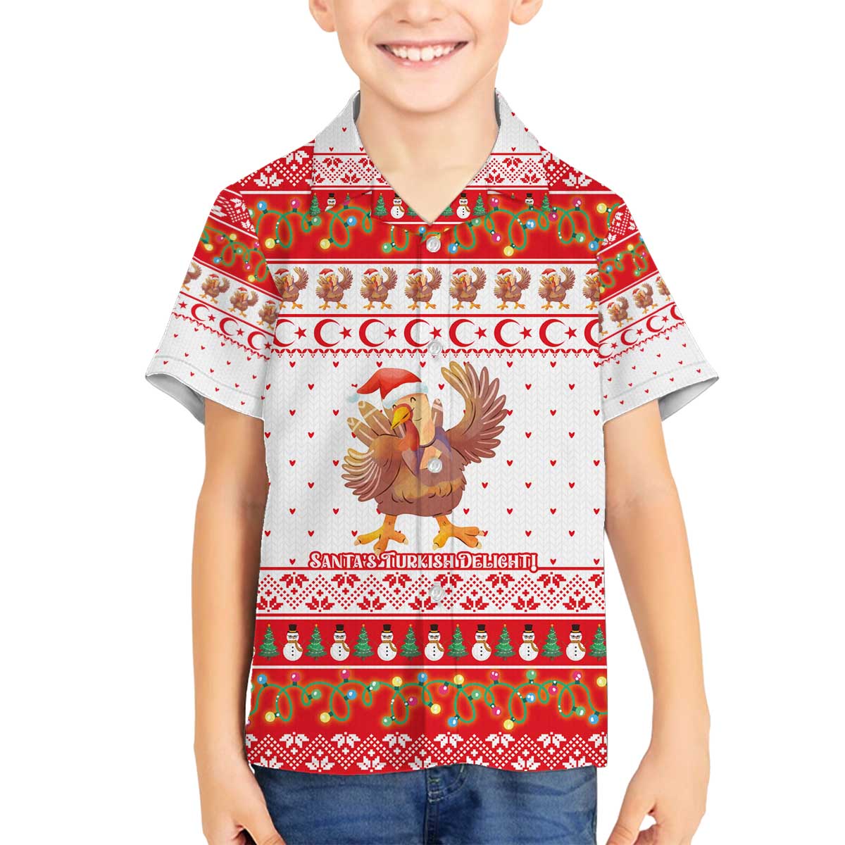 Turkey Christmas Family Matching Off The Shoulder Long Sleeve Dress and Hawaiian Shirt with Santa Turkey Red Crescent Pattern Snowmen and Festive Lights - Wonder Print Shop