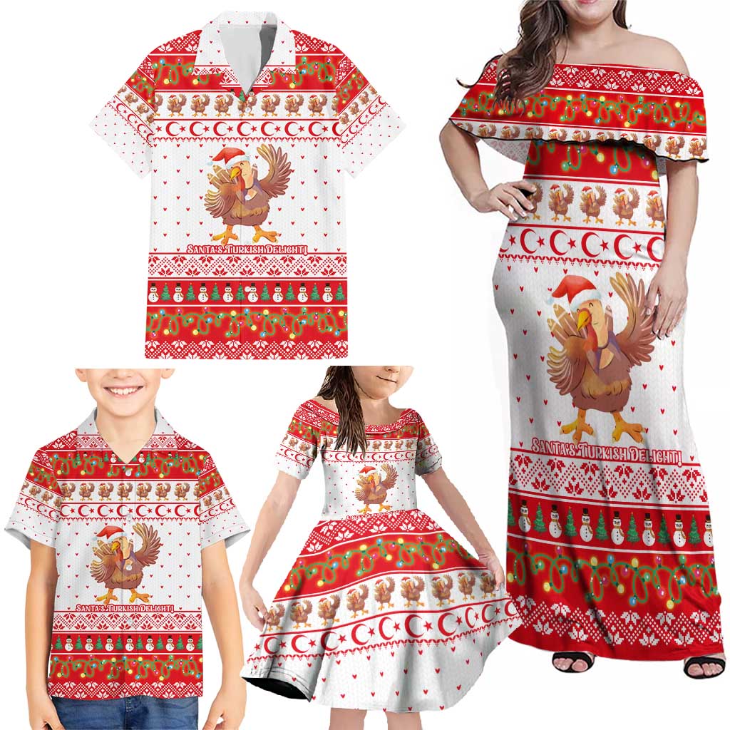 Turkey Christmas Family Matching Off Shoulder Maxi Dress and Hawaiian Shirt with Santa Turkey Red Crescent Pattern Snowmen and Festive Lights - Wonder Print Shop