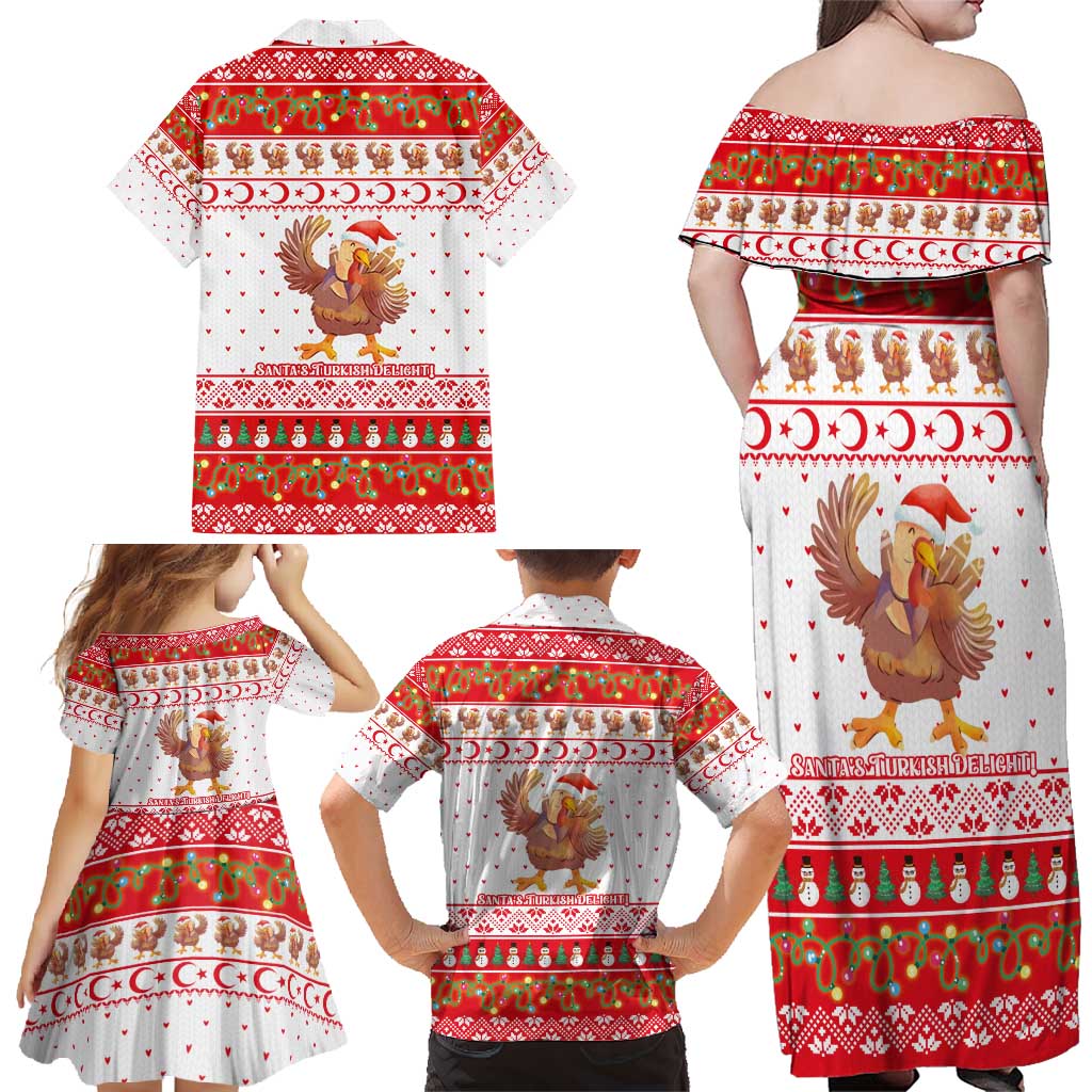 Turkey Christmas Family Matching Off Shoulder Maxi Dress and Hawaiian Shirt with Santa Turkey Red Crescent Pattern Snowmen and Festive Lights - Wonder Print Shop