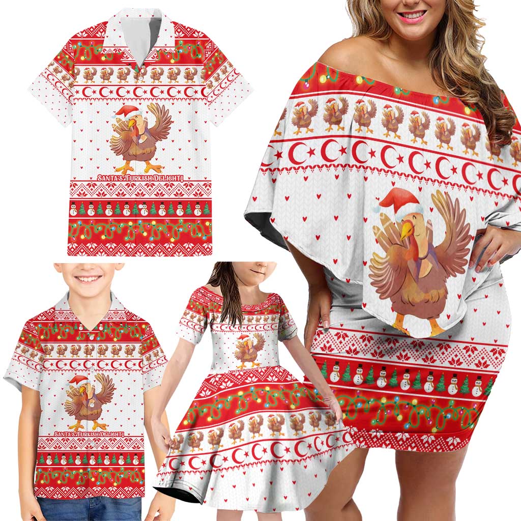 Turkey Christmas Family Matching Off Shoulder Short Dress and Hawaiian Shirt with Santa Turkey Red Crescent Pattern Snowmen and Festive Lights - Wonder Print Shop