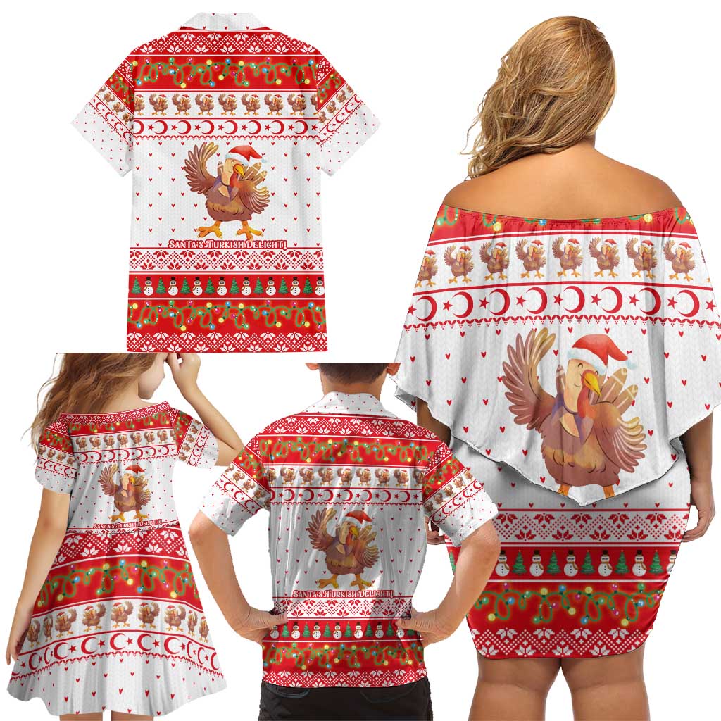 Turkey Christmas Family Matching Off Shoulder Short Dress and Hawaiian Shirt with Santa Turkey Red Crescent Pattern Snowmen and Festive Lights - Wonder Print Shop