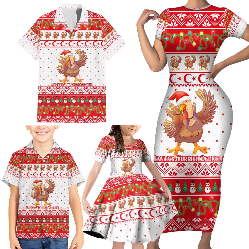 Turkey Christmas Family Matching Short Sleeve Bodycon Dress and Hawaiian Shirt with Santa Turkey Red Crescent Pattern Snowmen and Festive Lights - Wonder Print Shop
