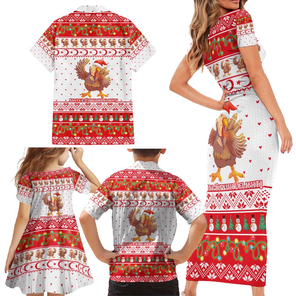 Turkey Christmas Family Matching Short Sleeve Bodycon Dress and Hawaiian Shirt with Santa Turkey Red Crescent Pattern Snowmen and Festive Lights - Wonder Print Shop