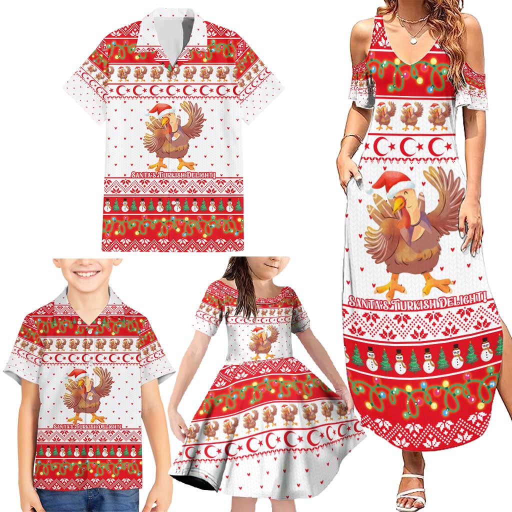 Turkey Christmas Family Matching Summer Maxi Dress and Hawaiian Shirt with Santa Turkey Red Crescent Pattern Snowmen and Festive Lights - Wonder Print Shop