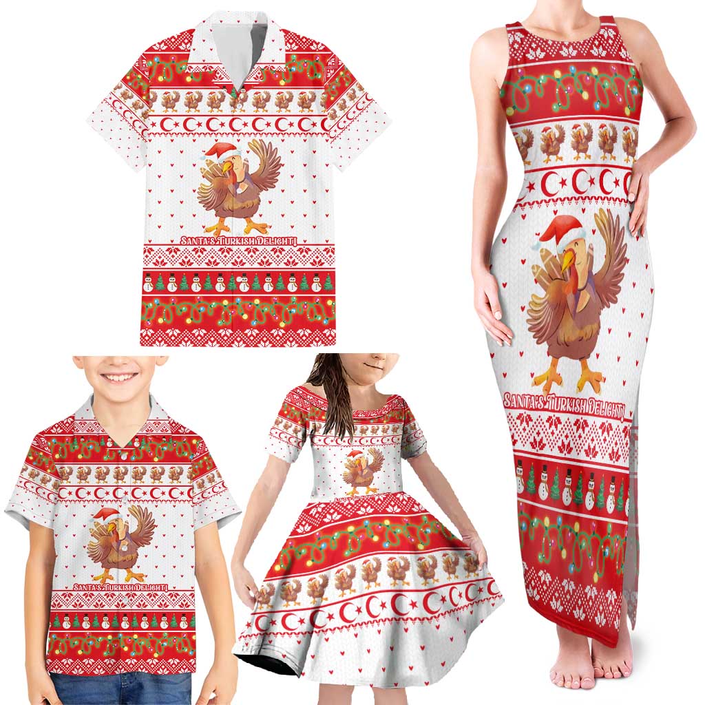 Turkey Christmas Family Matching Tank Maxi Dress and Hawaiian Shirt with Santa Turkey Red Crescent Pattern Snowmen and Festive Lights - Wonder Print Shop