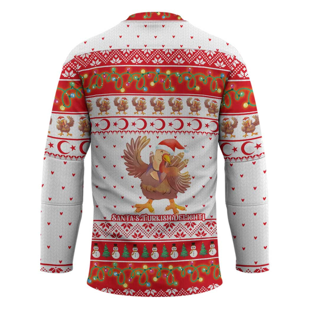 Turkey Christmas Hockey Jersey with Santa Turkey Red Crescent Pattern Snowmen and Festive Lights - Wonder Print Shop