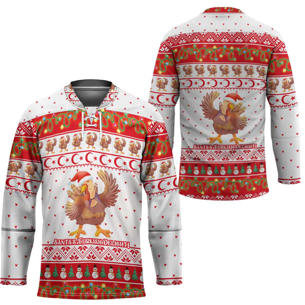 Turkey Christmas Hockey Jersey with Santa Turkey Red Crescent Pattern Snowmen and Festive Lights - Wonder Print Shop