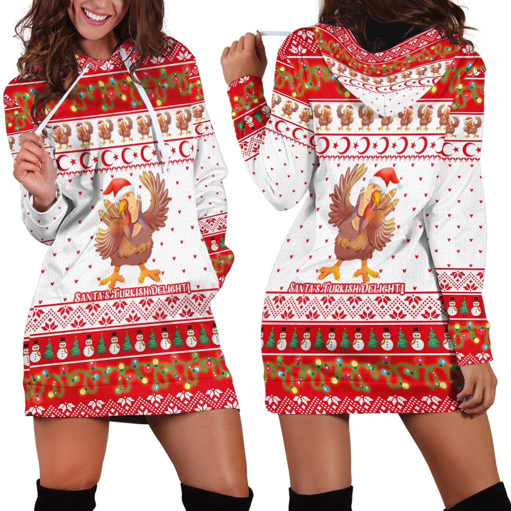 Turkey Christmas Hoodie Dress with Santa Turkey Red Crescent Pattern Snowmen and Festive Lights - Wonder Print Shop