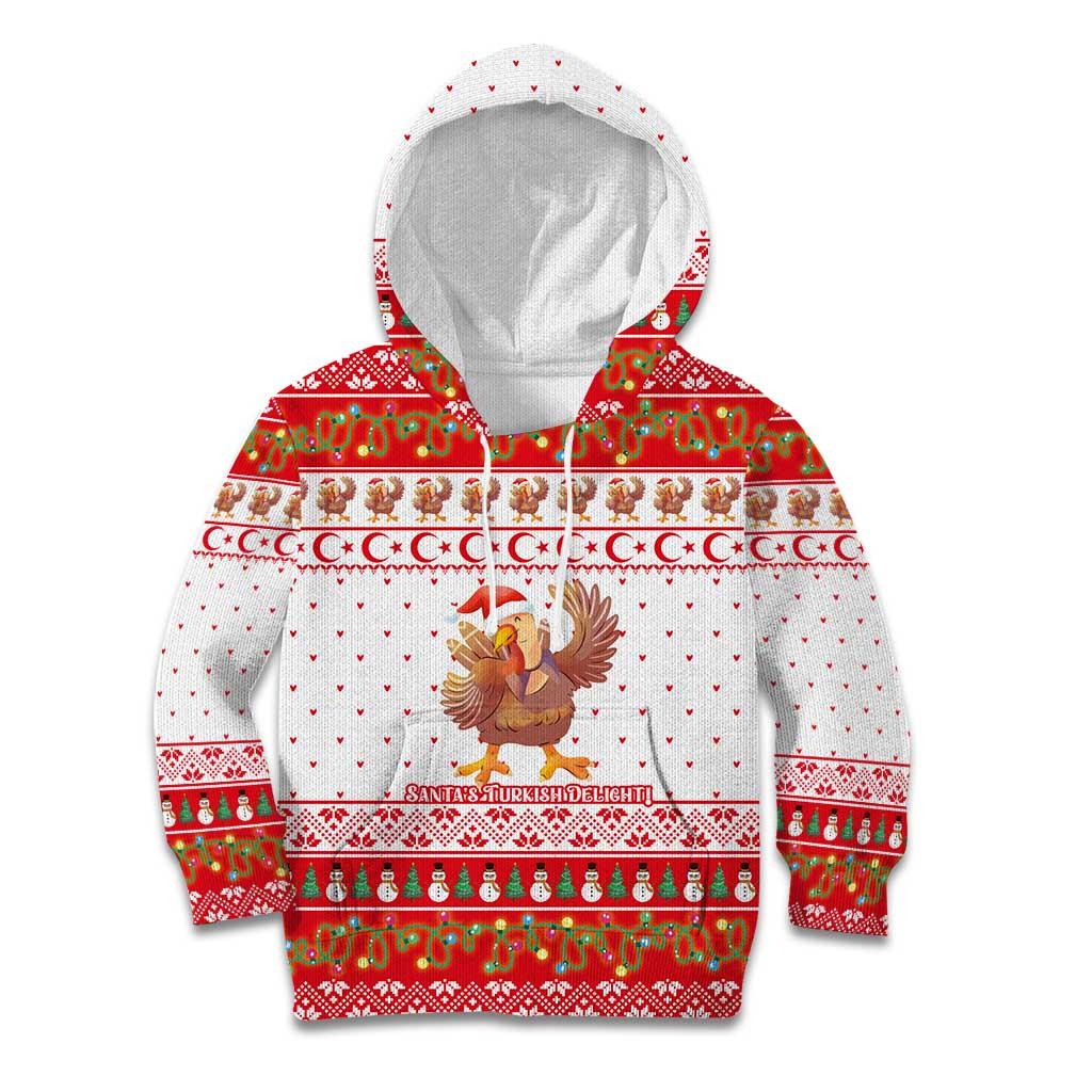 Turkey Christmas Kid Hoodie with Santa Turkey Red Crescent Pattern Snowmen and Festive Lights - Wonder Print Shop