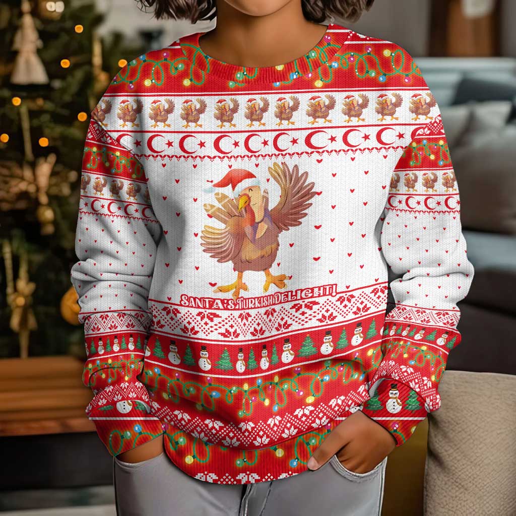 Turkey Christmas Kid Ugly Christmas Sweater with Santa Turkey Red Crescent Pattern Snowmen and Festive Lights - Wonder Print Shop