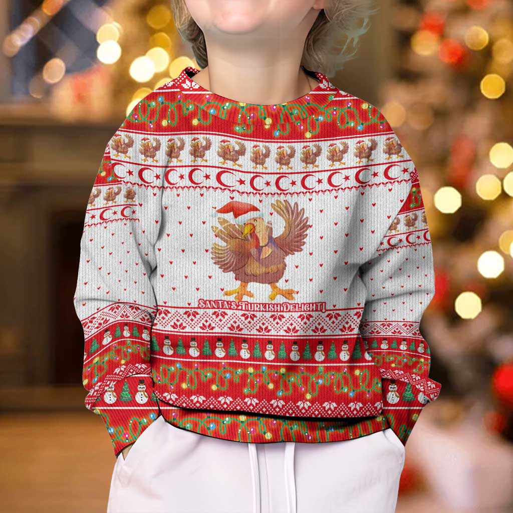 Turkey Christmas Kid Ugly Christmas Sweater with Santa Turkey Red Crescent Pattern Snowmen and Festive Lights - Wonder Print Shop