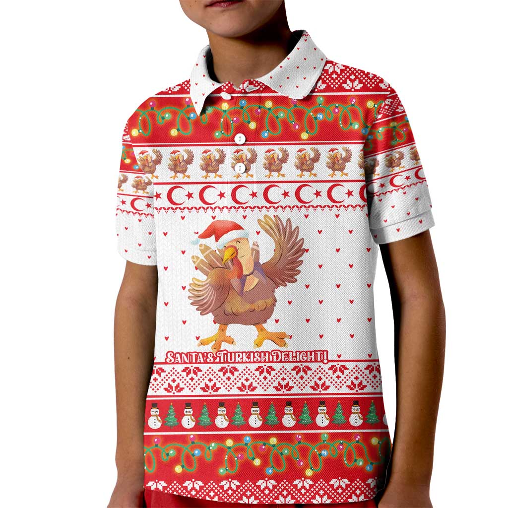 Turkey Christmas Kid Polo Shirt with Santa Turkey Red Crescent Pattern Snowmen and Festive Lights - Wonder Print Shop