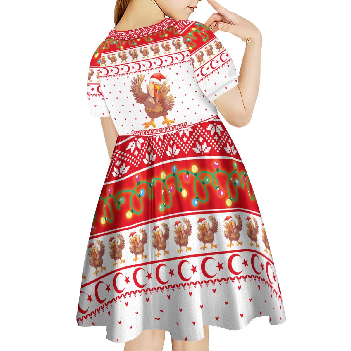 Turkey Christmas Kid Short Sleeve Dress with Santa Turkey Red Crescent Pattern Snowmen and Festive Lights - Wonder Print Shop