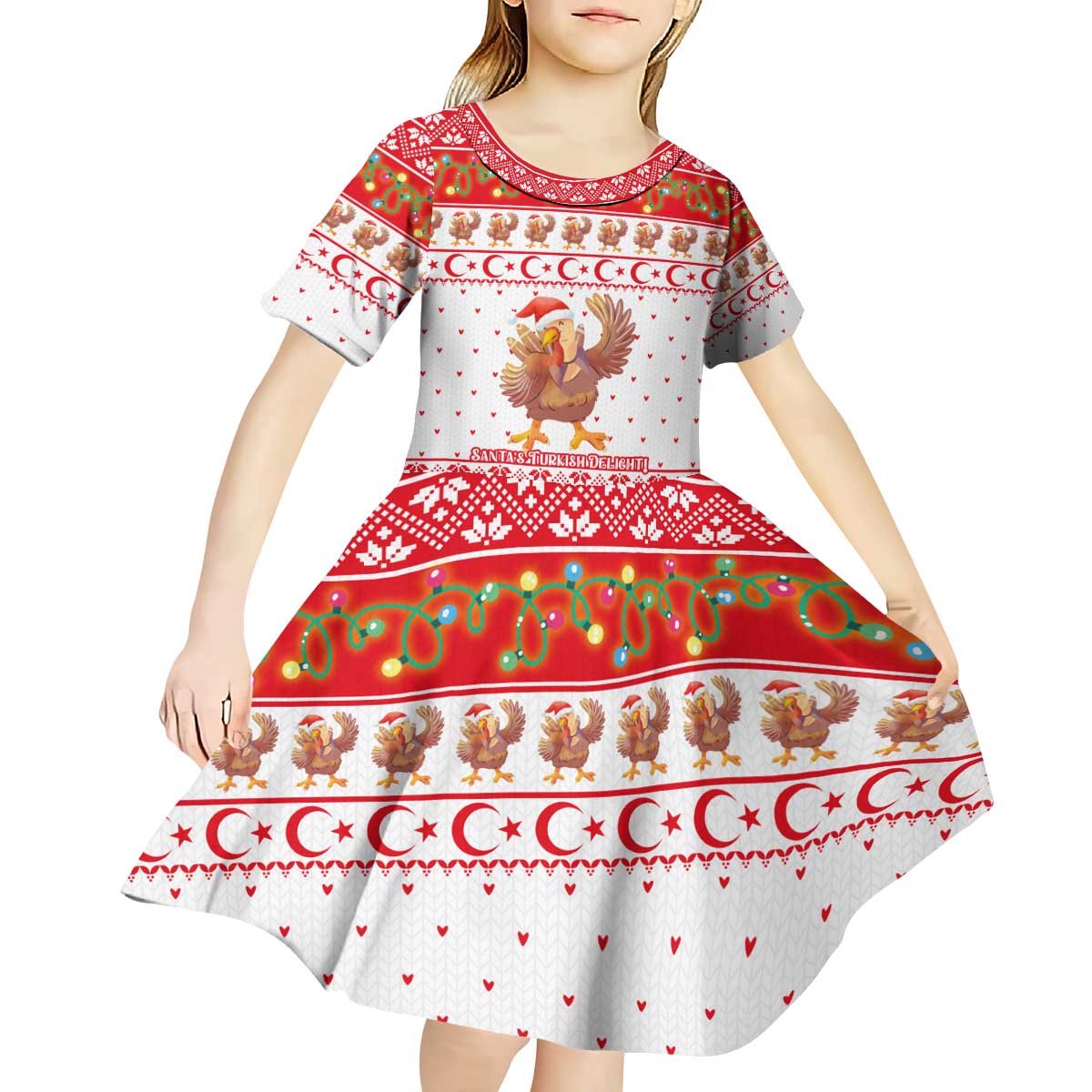 Turkey Christmas Kid Short Sleeve Dress with Santa Turkey Red Crescent Pattern Snowmen and Festive Lights - Wonder Print Shop