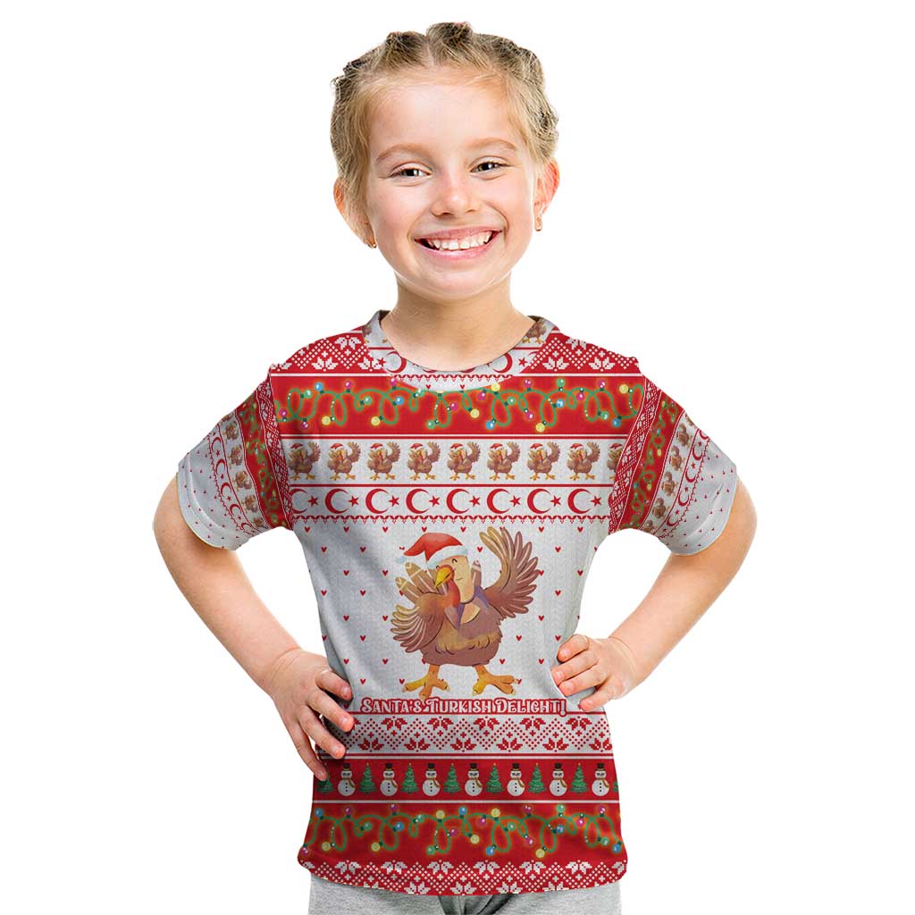Turkey Christmas Kid T Shirt with Santa Turkey Red Crescent Pattern Snowmen and Festive Lights - Wonder Print Shop