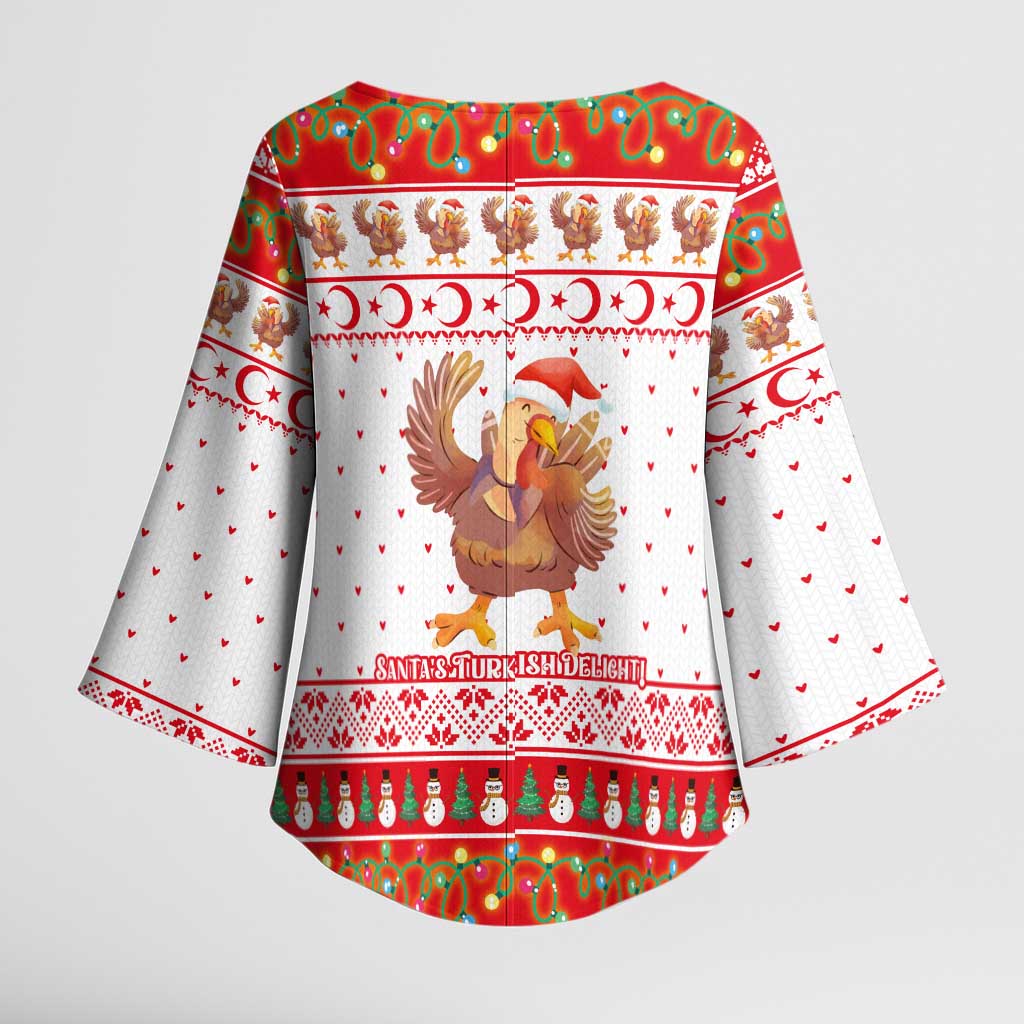 Turkey Christmas Kimono Sleeve Blouse with Santa Turkey Red Crescent Pattern Snowmen and Festive Lights - Wonder Print Shop