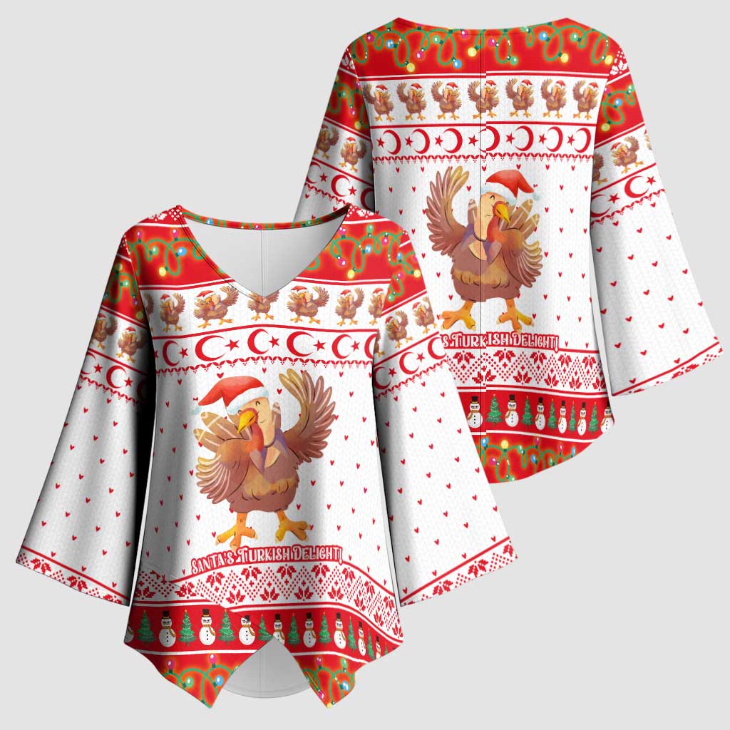 Turkey Christmas Kimono Sleeve Blouse with Santa Turkey Red Crescent Pattern Snowmen and Festive Lights - Wonder Print Shop