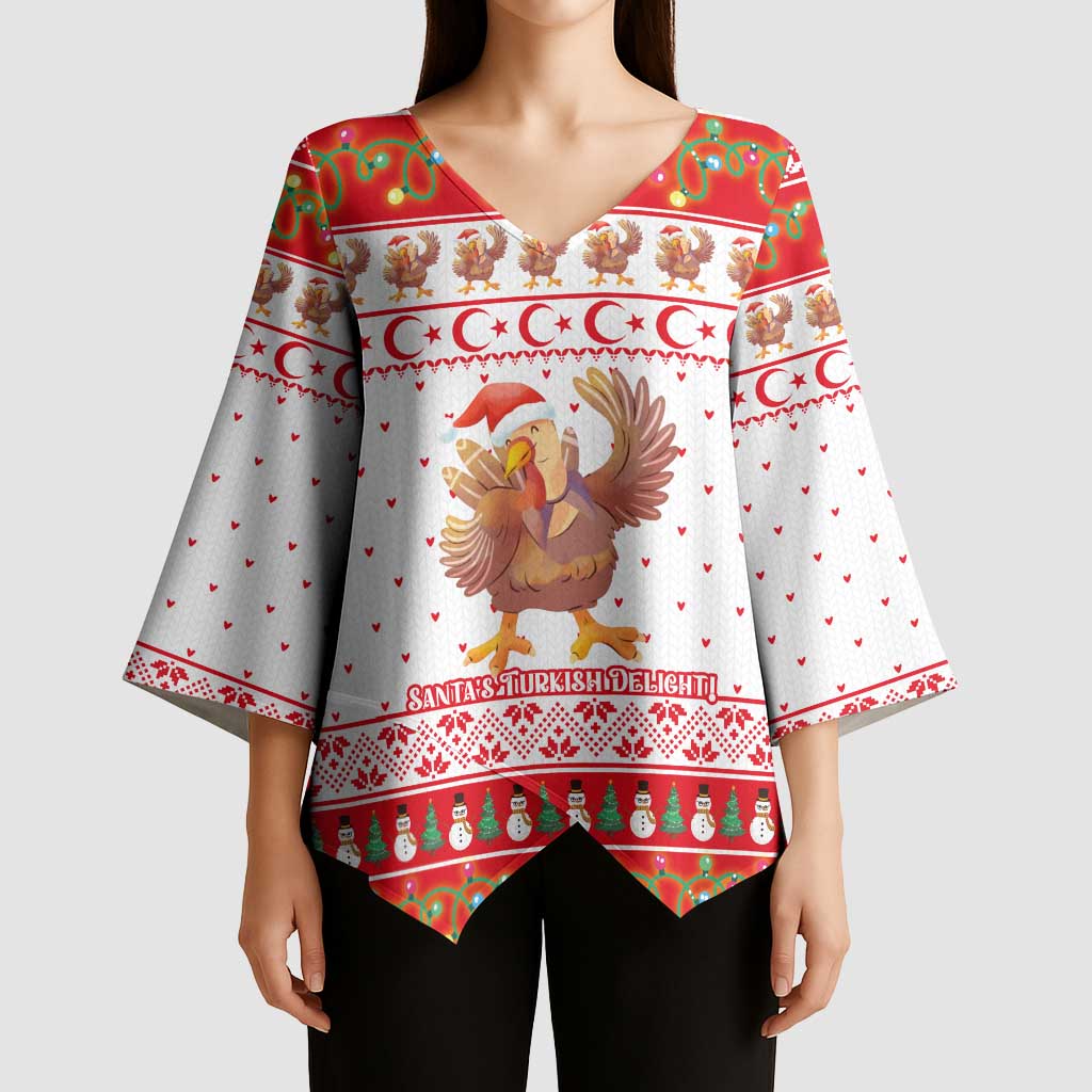 Turkey Christmas Kimono Sleeve Blouse with Santa Turkey Red Crescent Pattern Snowmen and Festive Lights - Wonder Print Shop