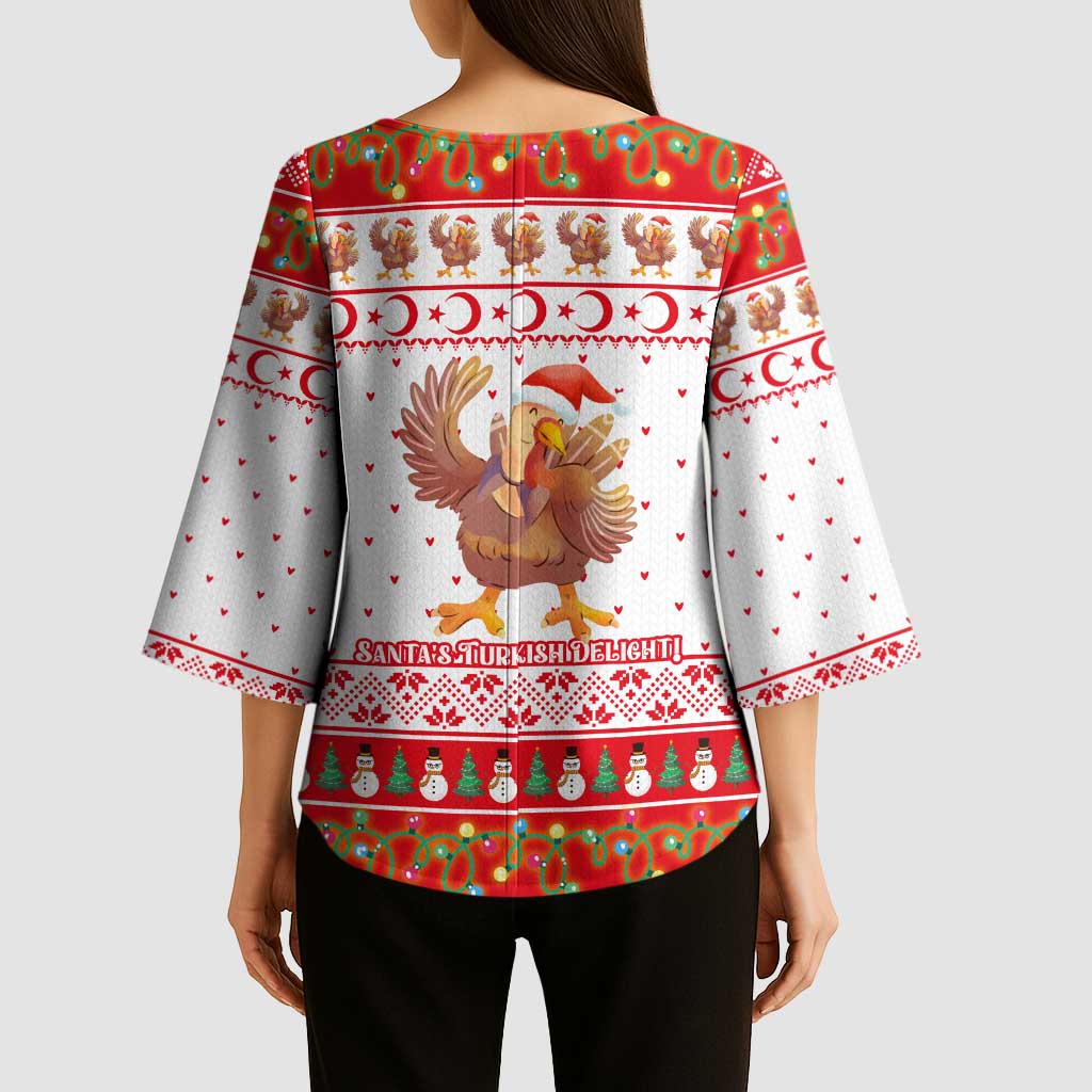 Turkey Christmas Kimono Sleeve Blouse with Santa Turkey Red Crescent Pattern Snowmen and Festive Lights - Wonder Print Shop