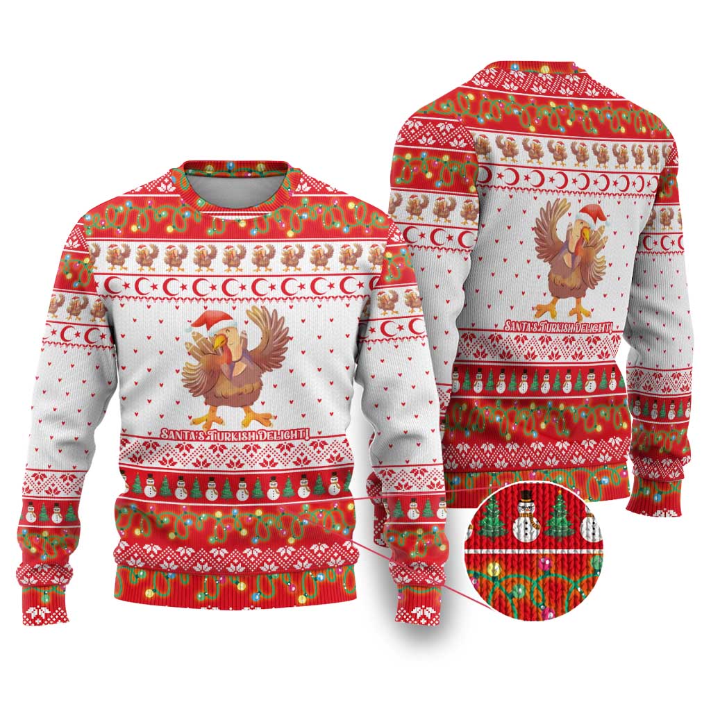 Turkey Christmas Ugly Christmas Sweater with Santa Turkey Red Crescent Pattern Snowmen and Festive Lights - Wonder Print Shop