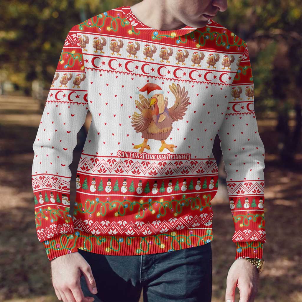 Turkey Christmas Ugly Christmas Sweater with Santa Turkey Red Crescent Pattern Snowmen and Festive Lights - Wonder Print Shop