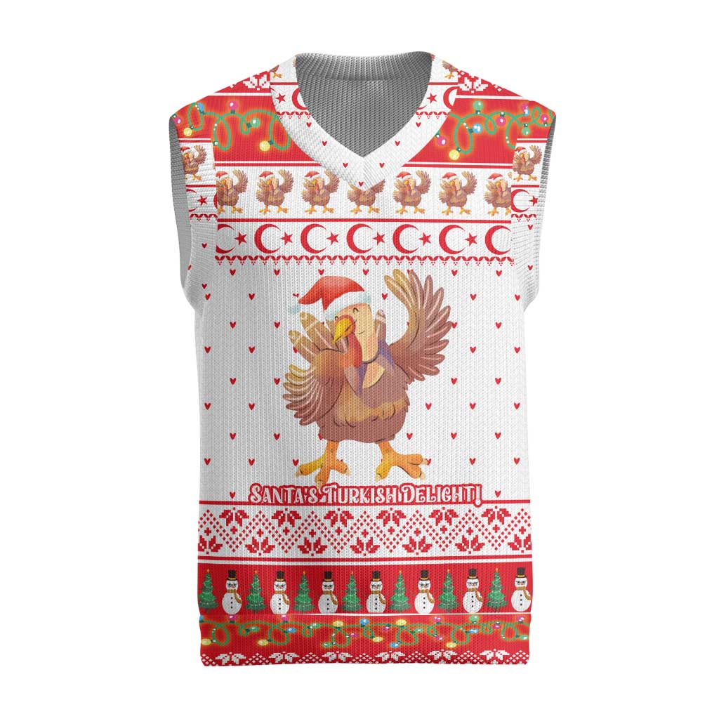 Turkey Christmas Knitted V-Neck Vest with Santa Turkey Red Crescent Pattern Snowmen and Festive Lights - Wonder Print Shop