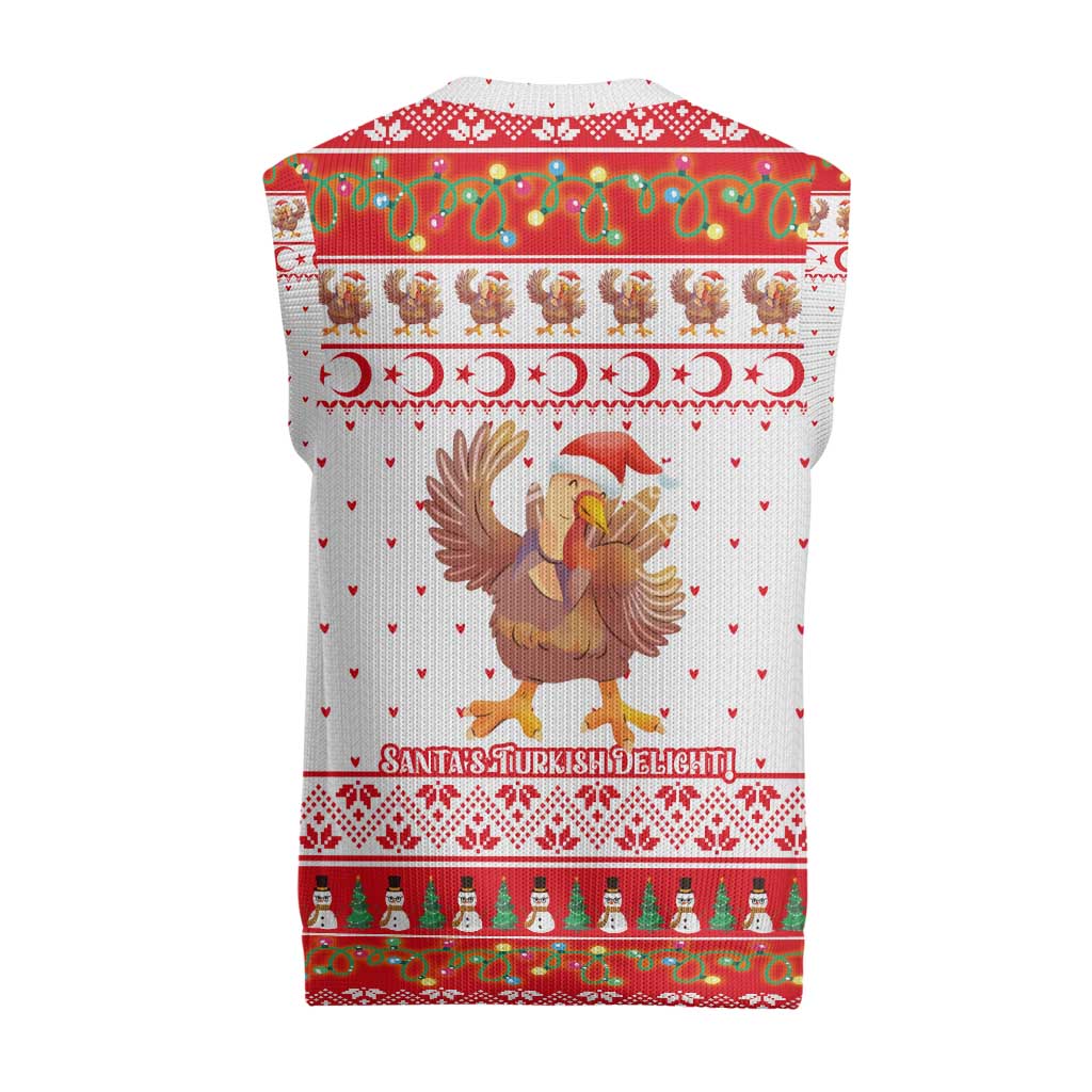 Turkey Christmas Knitted V-Neck Vest with Santa Turkey Red Crescent Pattern Snowmen and Festive Lights - Wonder Print Shop