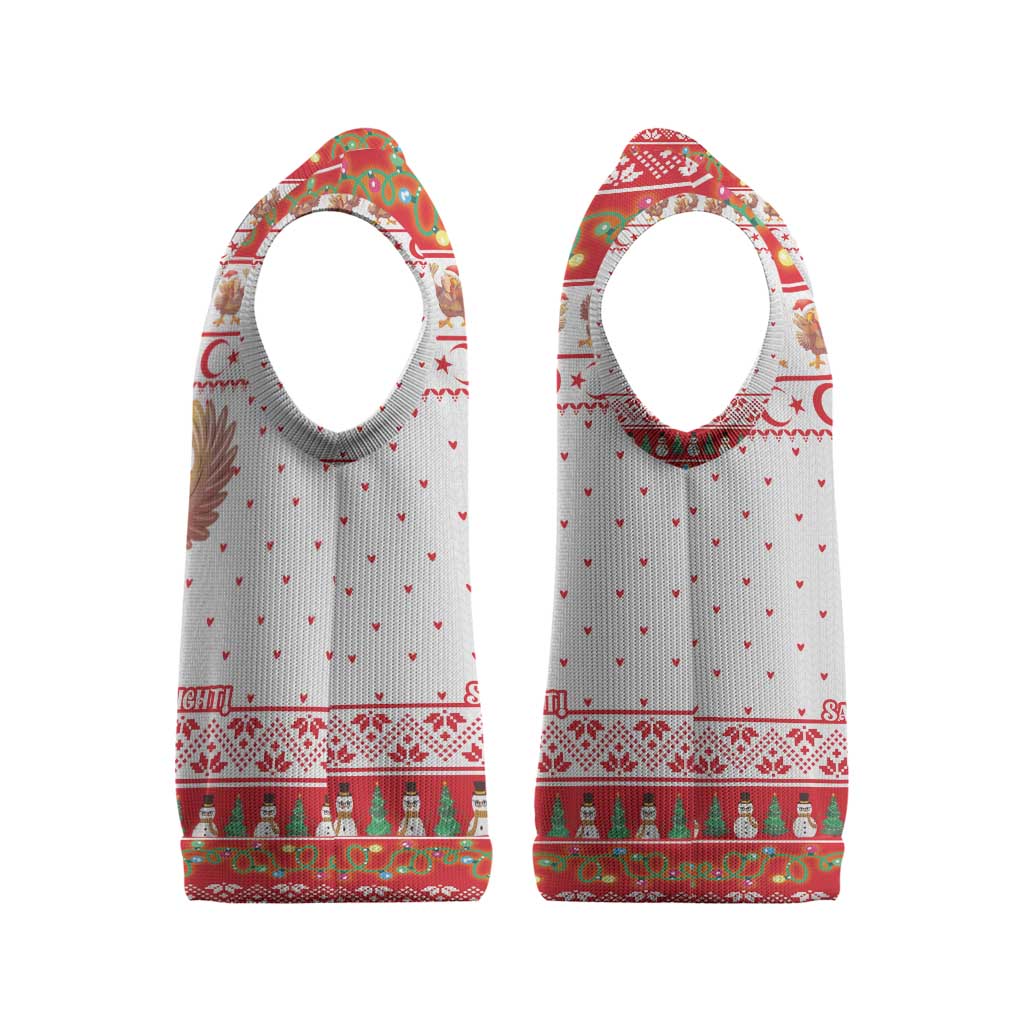 Turkey Christmas Knitted V-Neck Vest with Santa Turkey Red Crescent Pattern Snowmen and Festive Lights - Wonder Print Shop