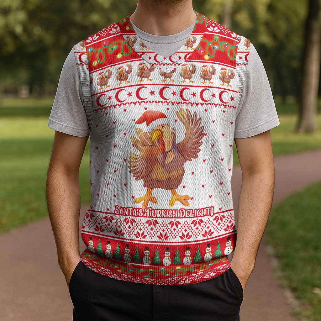 Turkey Christmas Knitted V-Neck Vest with Santa Turkey Red Crescent Pattern Snowmen and Festive Lights - Wonder Print Shop